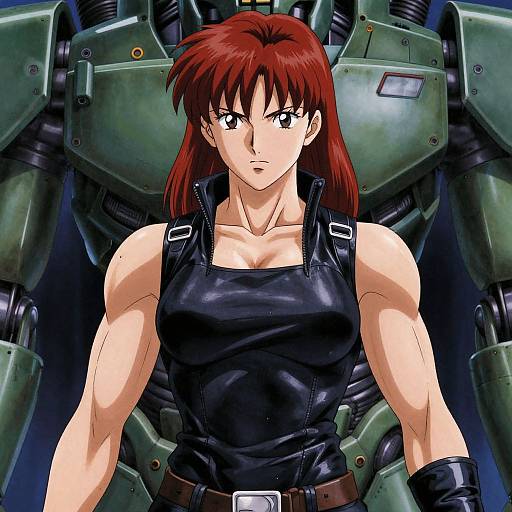 Digital anime artwork of a muscular, red-haired woman in a black tank top, standing in front of a large green mech.