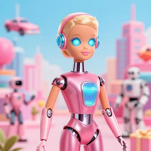 CGI image of a blonde, blue-eyed, pink robotic doll with glowing blue chest and earpieces, standing in a vibrant, futuristic cityscape.