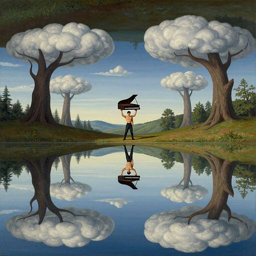 Whimsical digital artwork: cartoon boy with black hat and outfit stands between two cloud-covered trees, reflected in a serene pond.