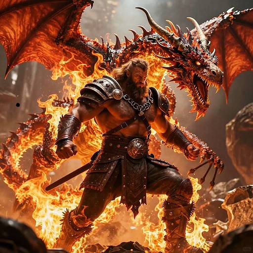 Muscular warrior with dragon wings and armor, surrounded by intense flames, holding a sword, in a fiery, rocky battlefield. Digital art.
