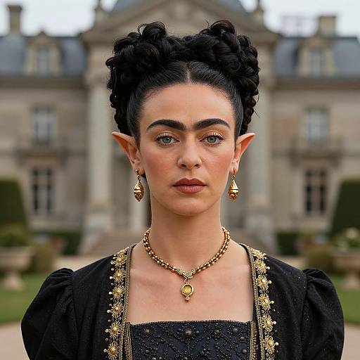 Digital artwork of a dark-haired, fair-skinned woman with pointed elf ears, wearing a black, gold-embellished dress, and gold jewelry