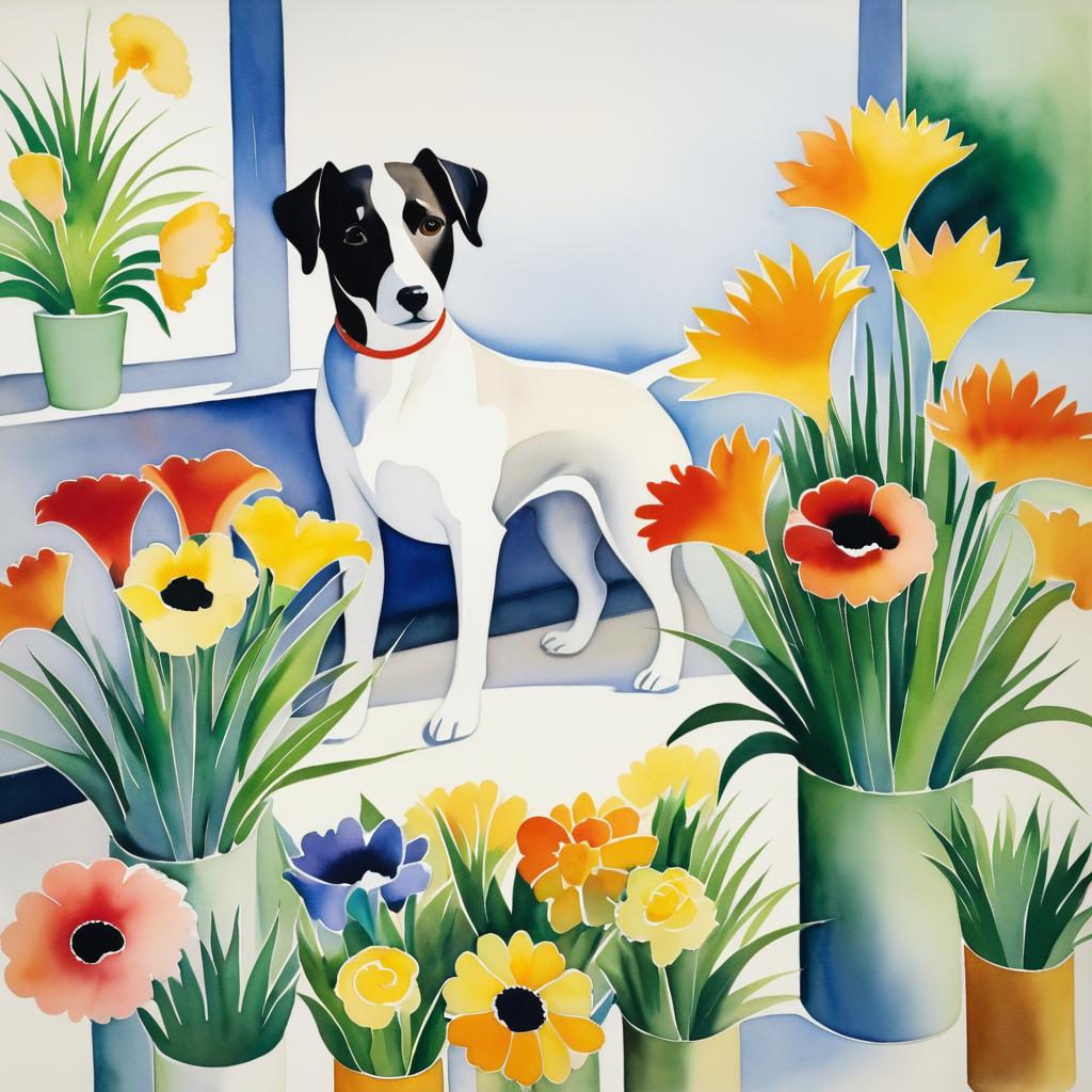 Playful Dog Florist in Modernist Style