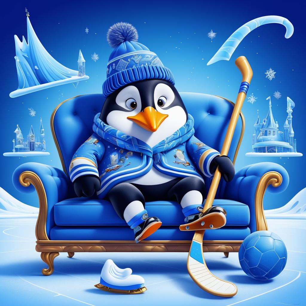 Surreal Penguin on a Blue Couch