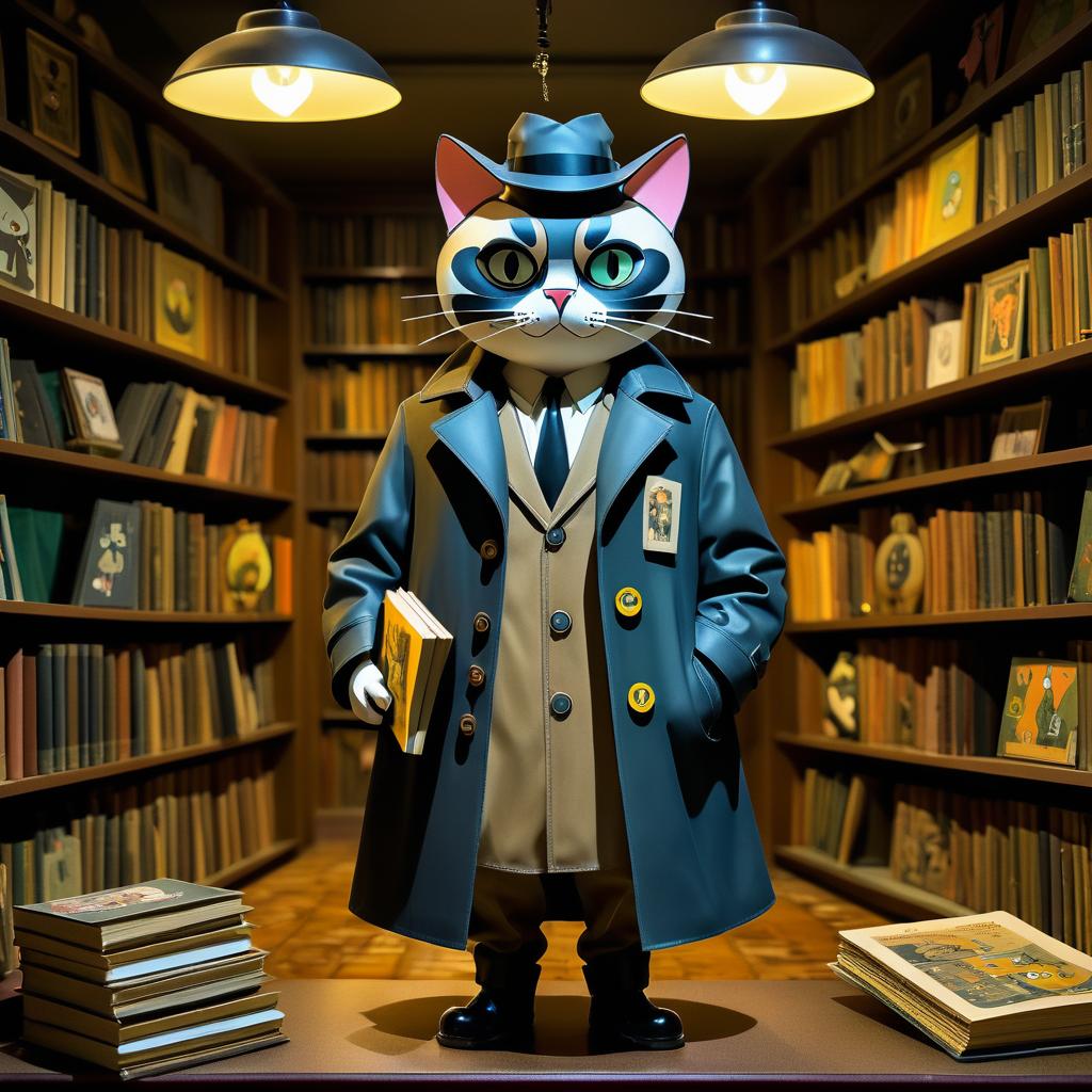 Whimsical Detective Cat in Library