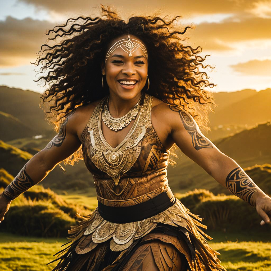 Joyful Maori Dancer in Golden Sunrise