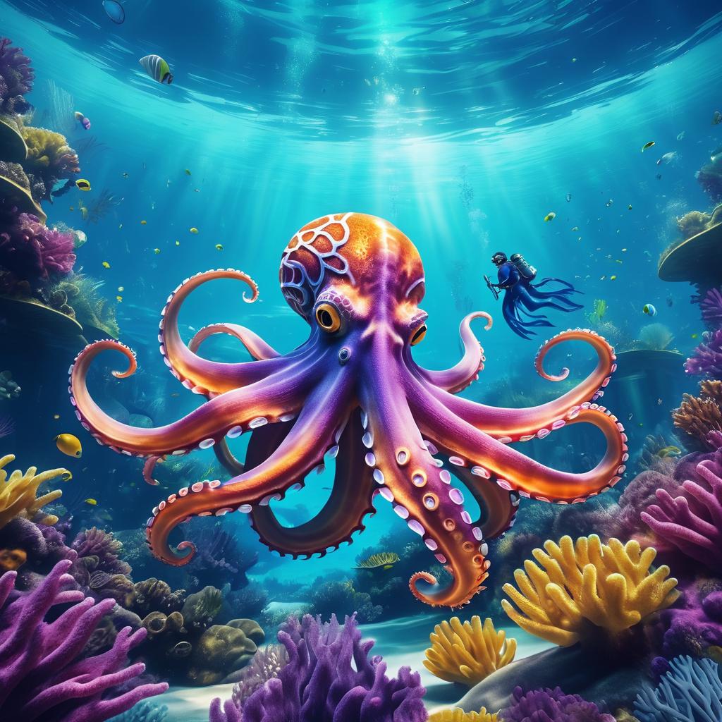 Vibrant Underwater Adventure with an Octopus