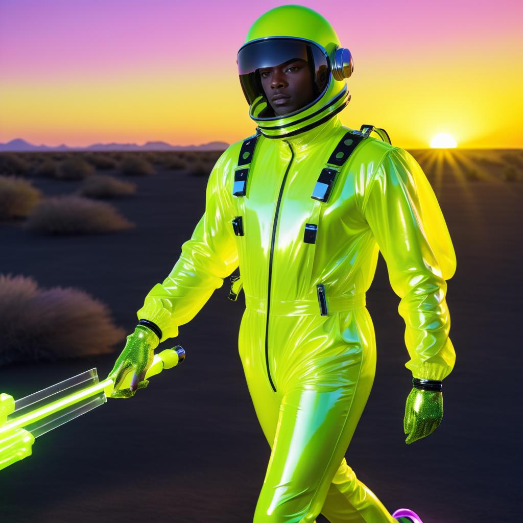 Dapper Man in Glossy Spacesuit at Sunset