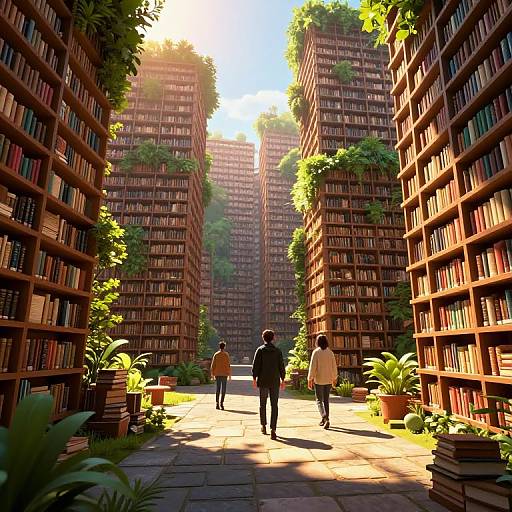 Photorealistic CGI image of a sunlit, verdant library courtyard with three people walking between towering book-filled shelves, potted plants, and sunlight