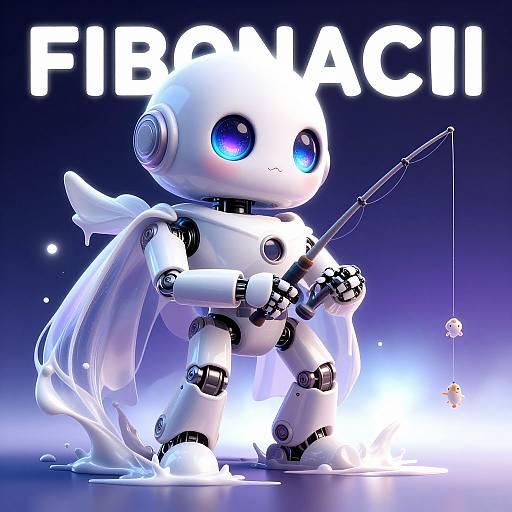 CGI image of a cute, white, robotic kitten with blue eyes, holding a fishing rod, wearing a translucent cape, against a dark blue gradient