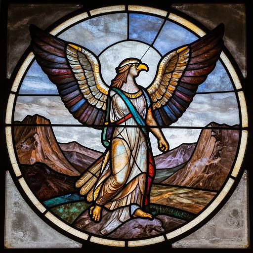 Stained glass art of a winged eagle figure with golden feathers, wearing a white robe and blue strap, standing on rocky terrain within a circular frame