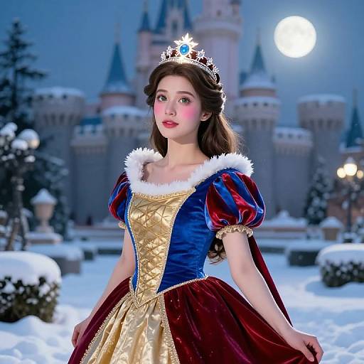 Photograph of a young Asian princess in a blue and gold velvet dress with red puffed sleeves, snow-covered castle background, moonlit night, and