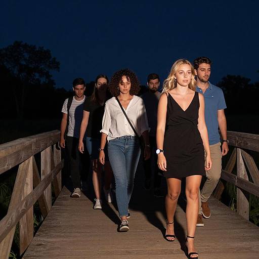 People Crossing a Bridge at Night