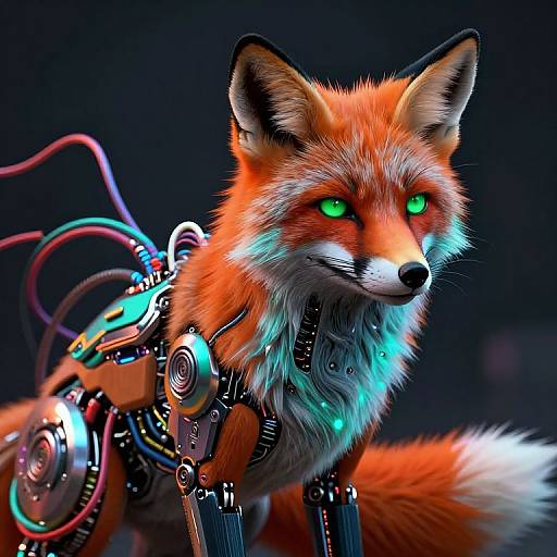 CGI image of a robotic fox with vibrant green eyes, orange fur, and metallic mechanical components on its back against a dark background.