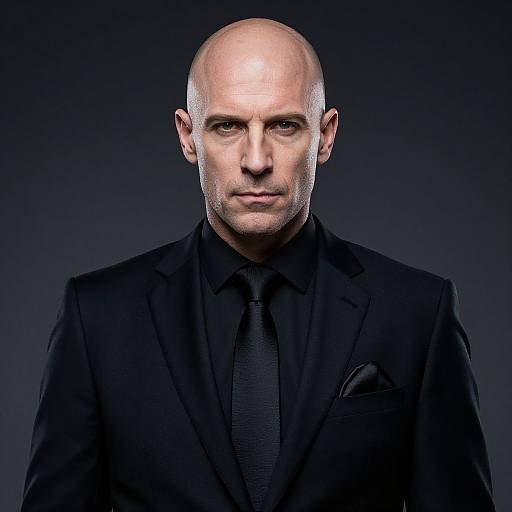 Photograph of a bald, serious-looking man in a black suit, black shirt, and black tie, against a dark gradient background.