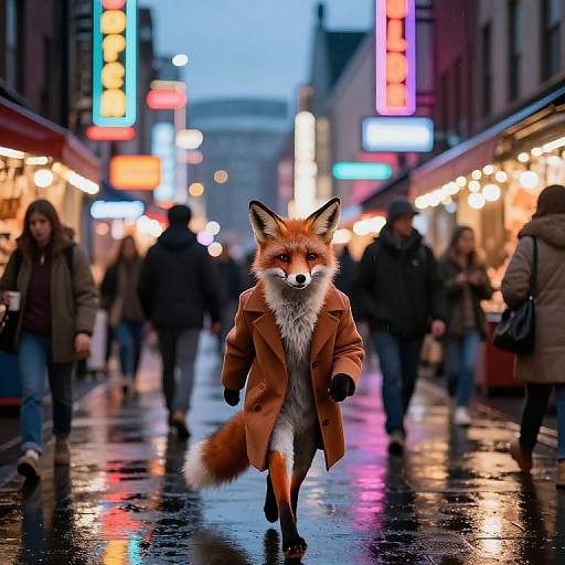 Photograph of a realistic digital illustration: anthropomorphic red fox in brown coat confidently walking down a neon-lit, rainy urban street, surrounded by blurred