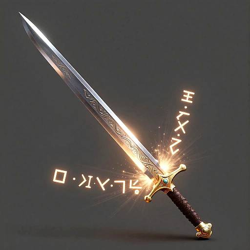 Photograph of a glowing, intricately designed sword with a black-wrapped hilt and golden crossguard, emitting bright, magical runes in mid-air