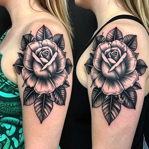 Photograph of a woman's tattooed upper arm and side, featuring a large, detailed black and gray rose with leaves, wearing a black strap top