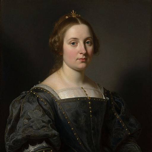 17th-century portrait of a fair-skinned woman with brown hair, wearing a dark blue embroidered gown, gold trim, and a small crown, against