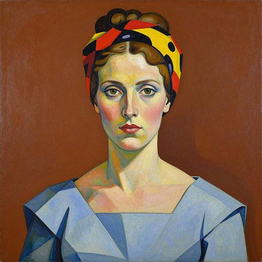 Cubist-style painting of a fair-skinned woman with brown hair, wearing a red and yellow headband, blue geometric dress, against a brown