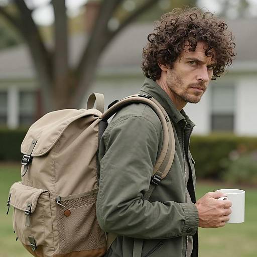 Serious Man with Mug in Nature