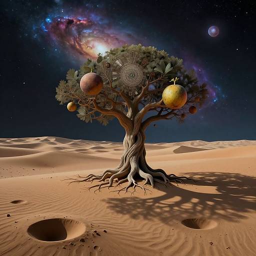 Digital art of a surreal desert tree with cosmic fruits, spirals, and a galaxy in the night sky, standing in sandy dunes.