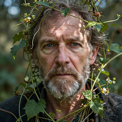 Photograph of a weathered, gray-bearded man with blue eyes, surrounded by leafy vines and small yellow flowers, in a forest setting.