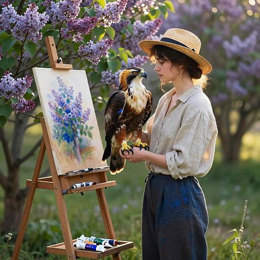 Impressionist Painter with Raptor Companion