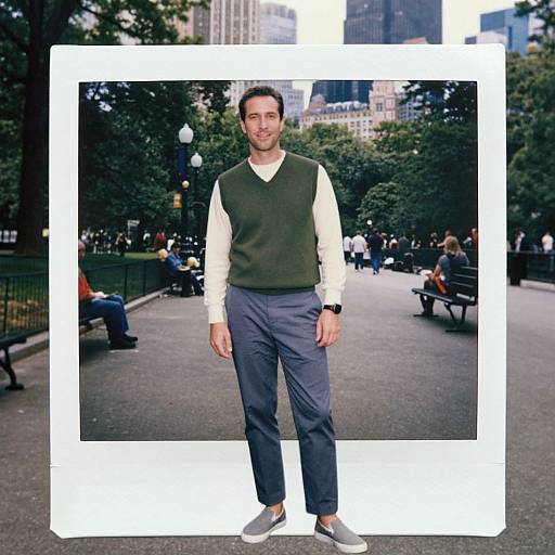 Photograph of a man with short dark hair, wearing a green sweater vest, white shirt, gray pants, and white sneakers, standing in a park