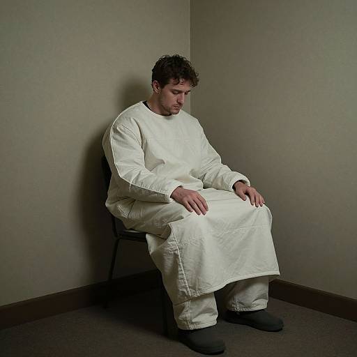 Photograph of a young man with curly brown hair, wearing a long white shirt and pants, sitting in a corner, looking down, in a dim