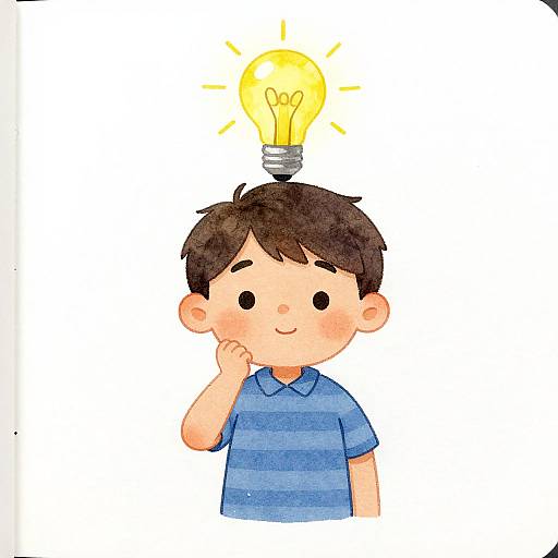 Cartoon drawing of a cute, brown-haired boy in a blue striped shirt, with a bright yellow lightbulb above his head.