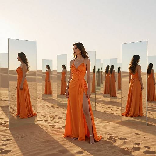 Photograph of a woman in a flowing, bright orange dress with a high slit, standing in a desert, reflected in multiple mirrors, creating multiple sil