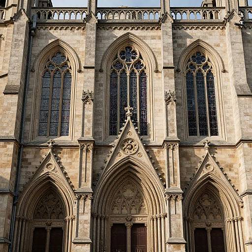 Photograph of a Gothic-style cathedral facade featuring three tall, arched stained glass windows with intricate stone tracery and decorative carvings.