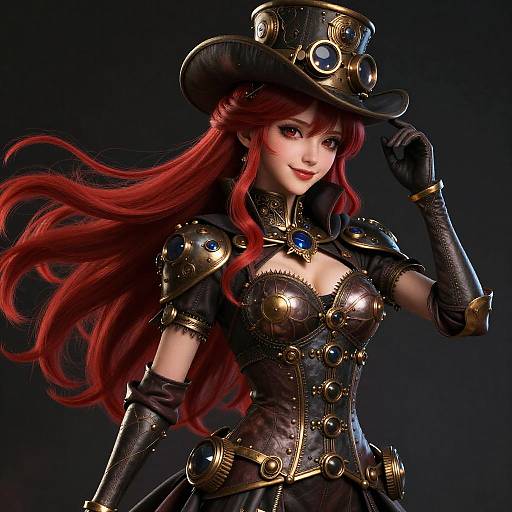 Digital artwork of a beautiful, red-haired woman in steampunk attire, wearing a black top hat with blue gems, black corset, and gloves