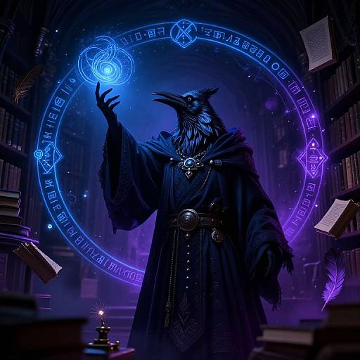 Digital artwork of a cloaked, wolf-headed sorcerer casting a glowing blue spell in a mystical library with floating books and a magical circle.