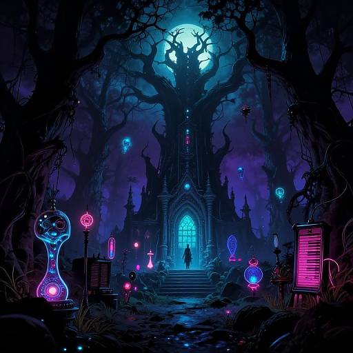 Digital artwork of a dark, neon-lit forest with a gothic, glowing cathedral under a full moon, surrounded by eerie, bioluminescent