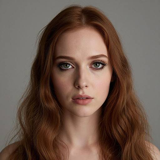Photograph of a fair-skinned, young woman with long, wavy auburn hair, green eyes, and subtle makeup, set against a