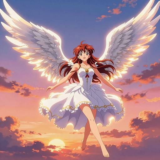 Anime-style digital drawing of a red-haired angelic girl with large white wings, wearing a white dress, floating against a vibrant sunset sky.