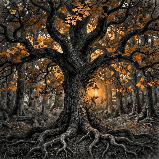 Photorealistic digital artwork of a giant, twisted tree with orange leaves, exposed roots, and a glowing lantern in a dense forest.