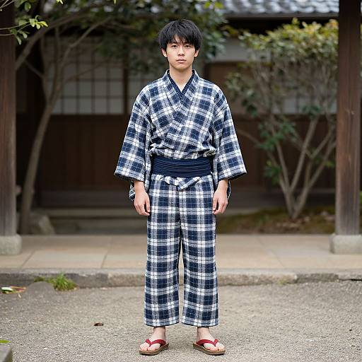 Photograph of an Asian man with black hair, wearing a black-and-white plaid yukata, black belt, and brown sandals, standing in