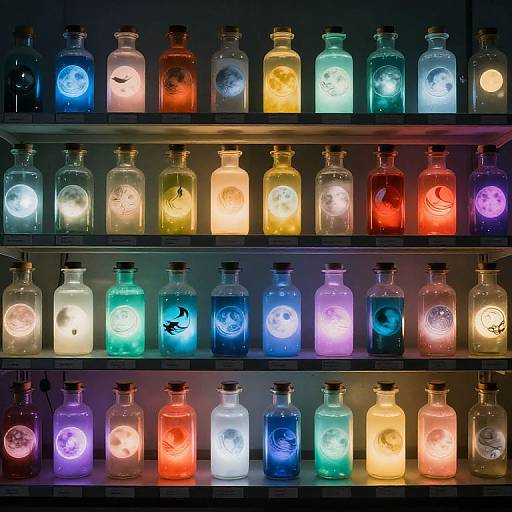 Photograph of three shelves filled with colorful glass bottles, each containing glowing liquids and distinct light patterns, creating a vibrant, luminescent display.