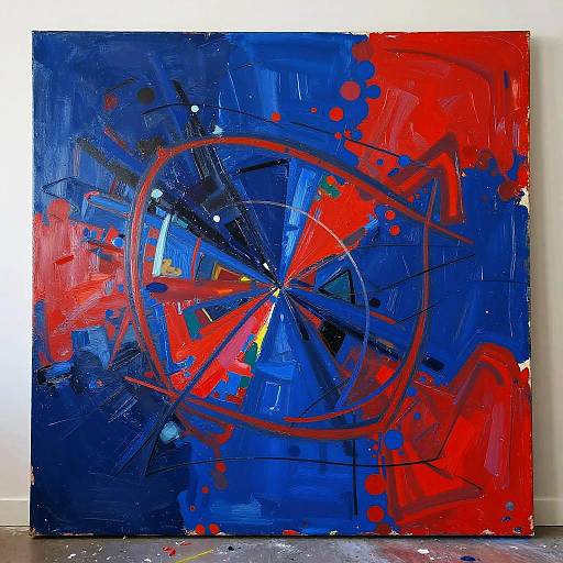 Abstract painting: vibrant blue background with bold red and black splashes and swirls, featuring a central circular pattern. Textured brushstrokes enhance dynamic