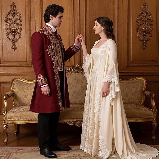 Photograph of a couple in formal Victorian attire; he wears a red, embroidered coat, she wears a white lace gown, standing in a wooden-pane