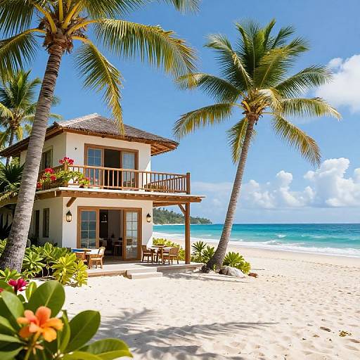 Photograph of a tropical beach house with a thatched roof, wooden balcony, surrounded by palm trees, and vibrant flowers, overlooking a clear turquoise ocean
