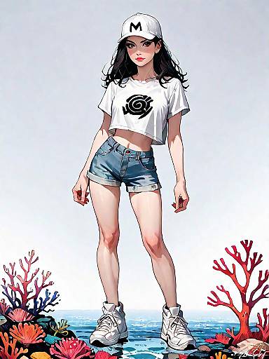 Young woman in casual streetwear with denim shorts