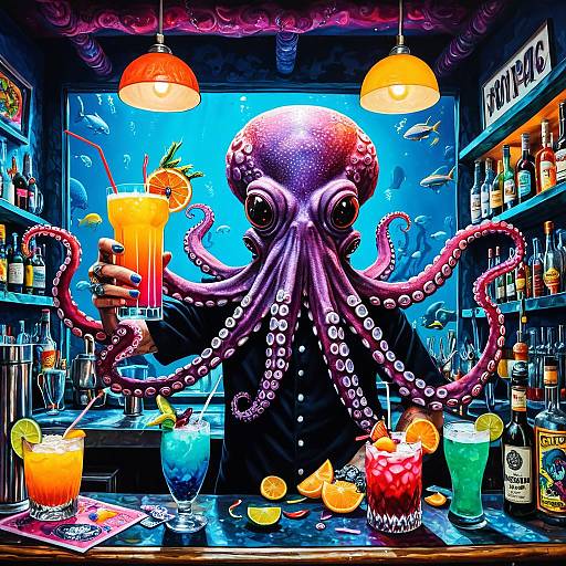 Whimsical Octopus Bartender in Vibrant Bar