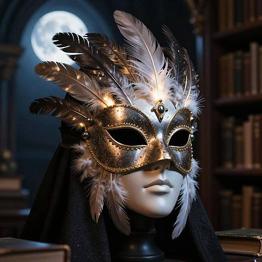 Photograph of a white mask adorned with gold and black feathers, set against a moonlit library background with dark wooden shelves.