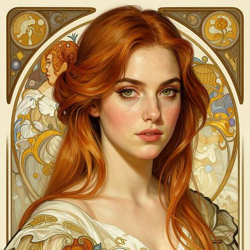 Digital art of a fair-skinned, red-haired woman with green eyes, wearing a white, ornate gown, surrounded by intricate, golden floral patterns