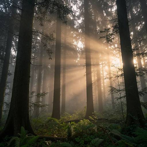 Photograph of a misty forest at sunrise, with sunlight streaming through tall, dark pine trees, illuminating green ferns on the forest floor.