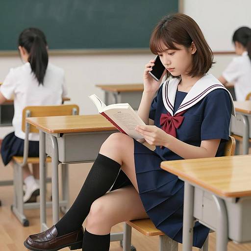 Studious Asian Girl in School Uniform