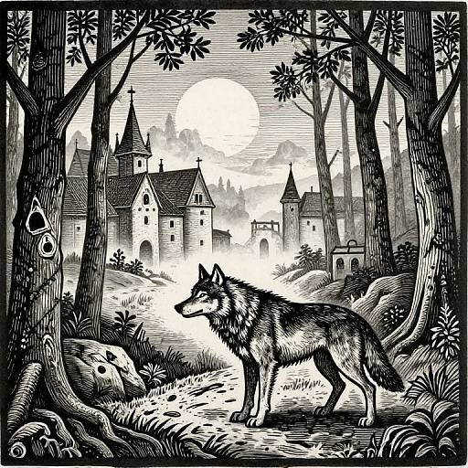 Black and white woodcut-style illustration of a wolf standing in a moonlit forest clearing with Gothic-style towers in the background.